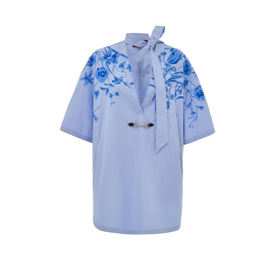 Cotton Poplin Kimono Shirt with Flower Print and Bow Wo - Blue main product photo
