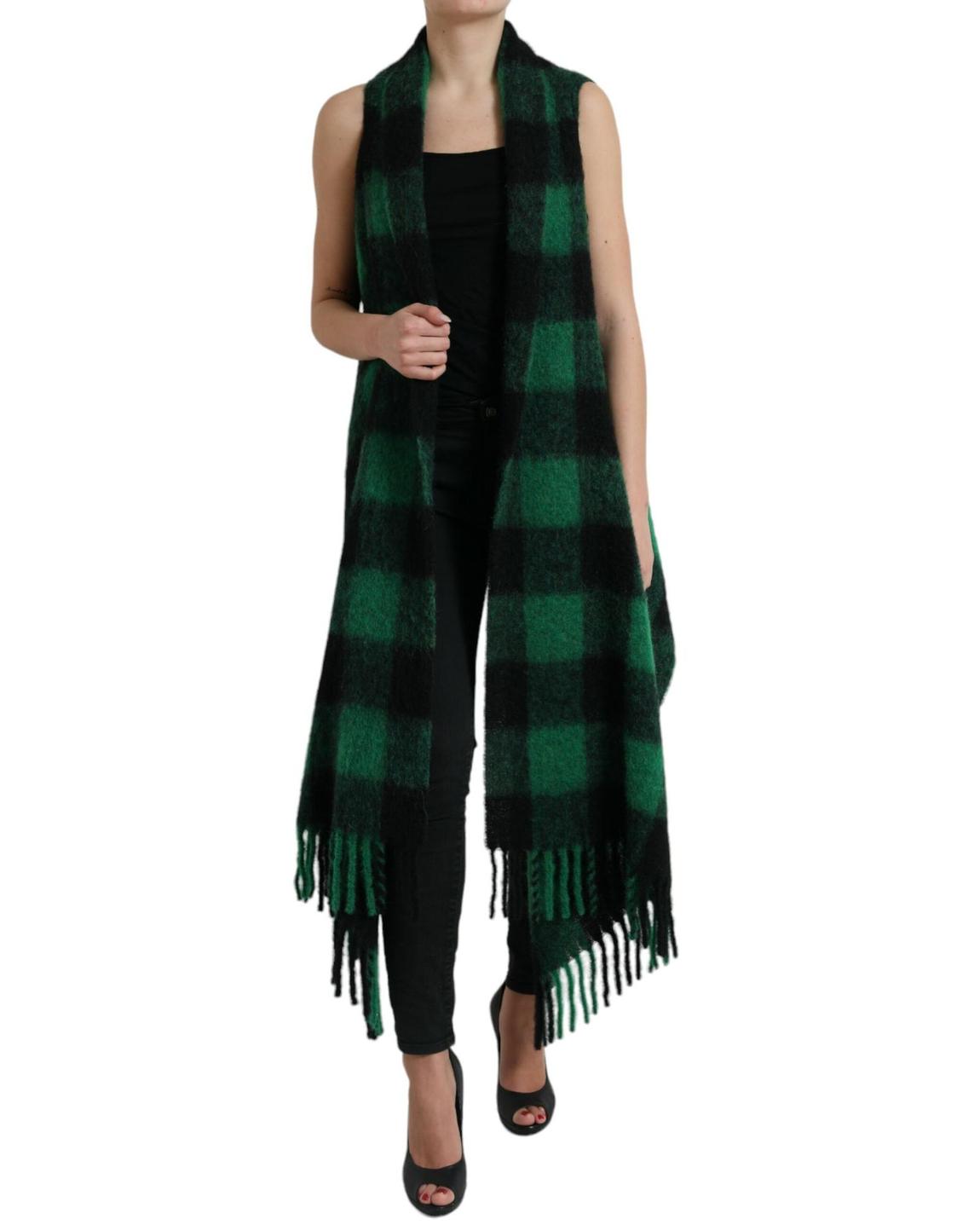 Plaid Knit Vest with Fringe - Black And Green Jackets main product photo