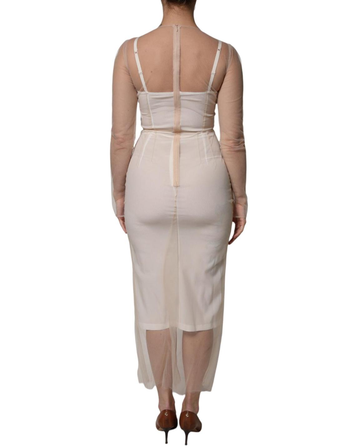 Pencil Dress Long Sleeves Mesh Overlay - White Dresses main product photo