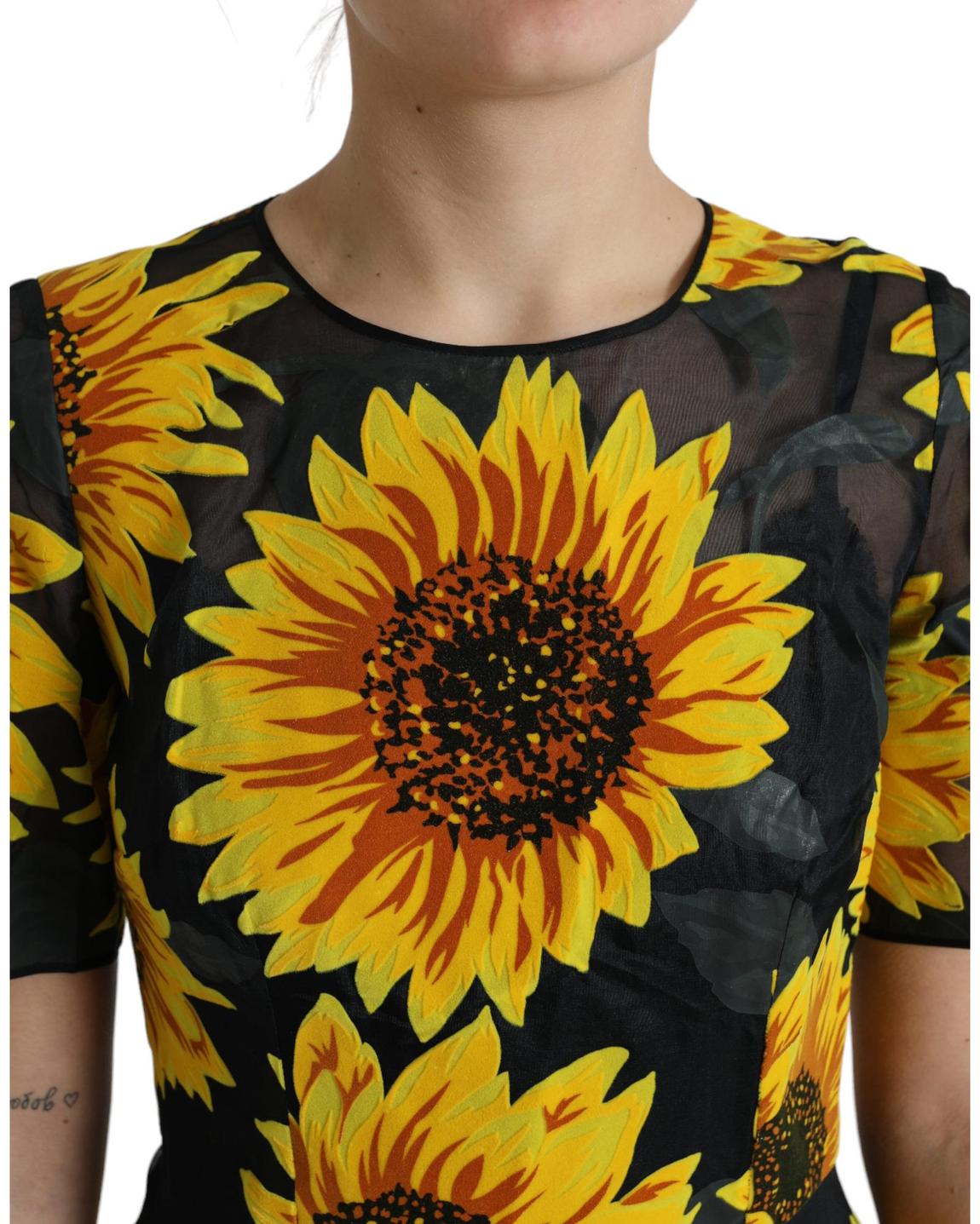 Sunflower Print Fit and Flare Dress - Black Dresses main product photo