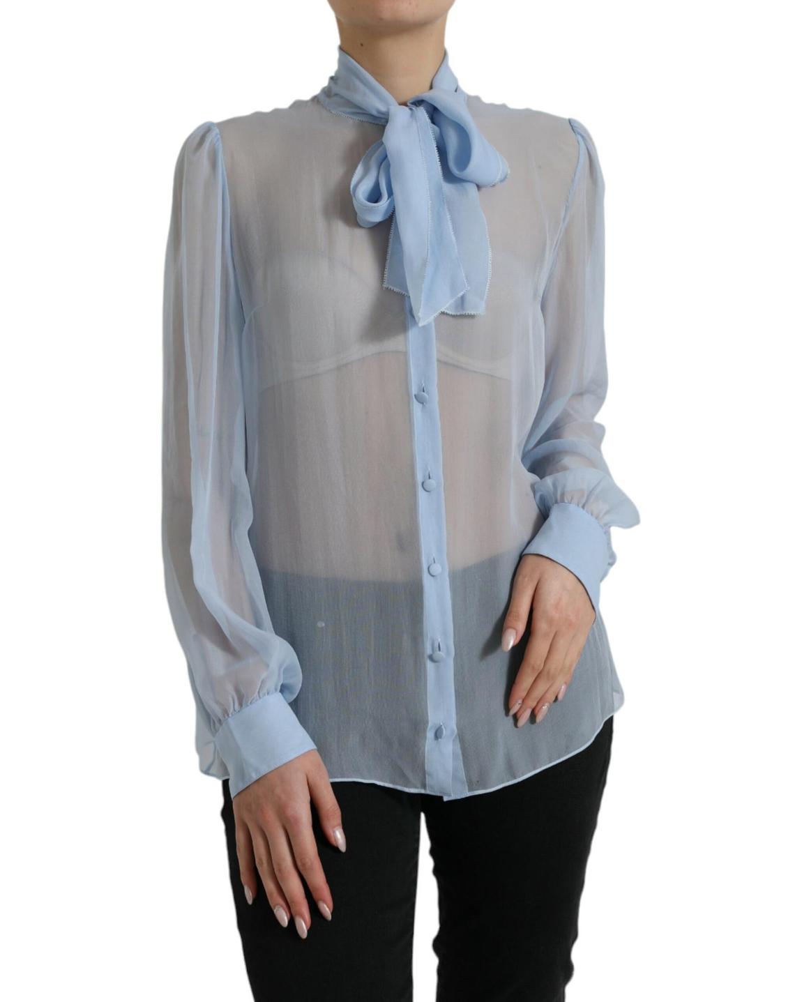 Long Sleeve Bow Tie Blouse Wo - Light Blue Tops main product photo