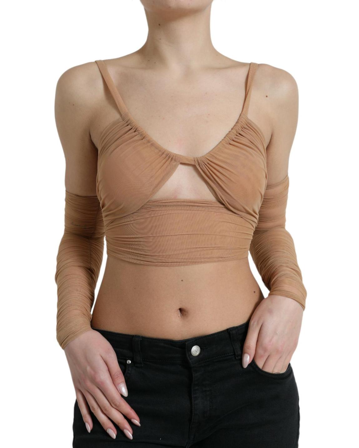 Mesh Crop Top Long Sleeves Wo - Brown Tops main product photo