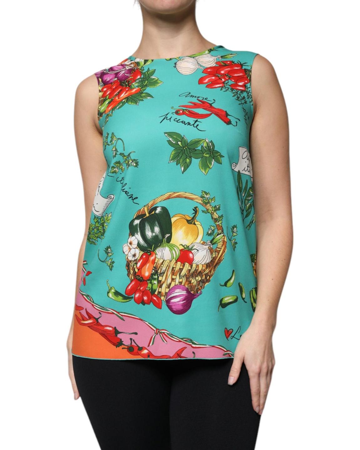Vegetable Print Silk Top Sleeveless Blouse Wo - Multicolor Tops main product photo