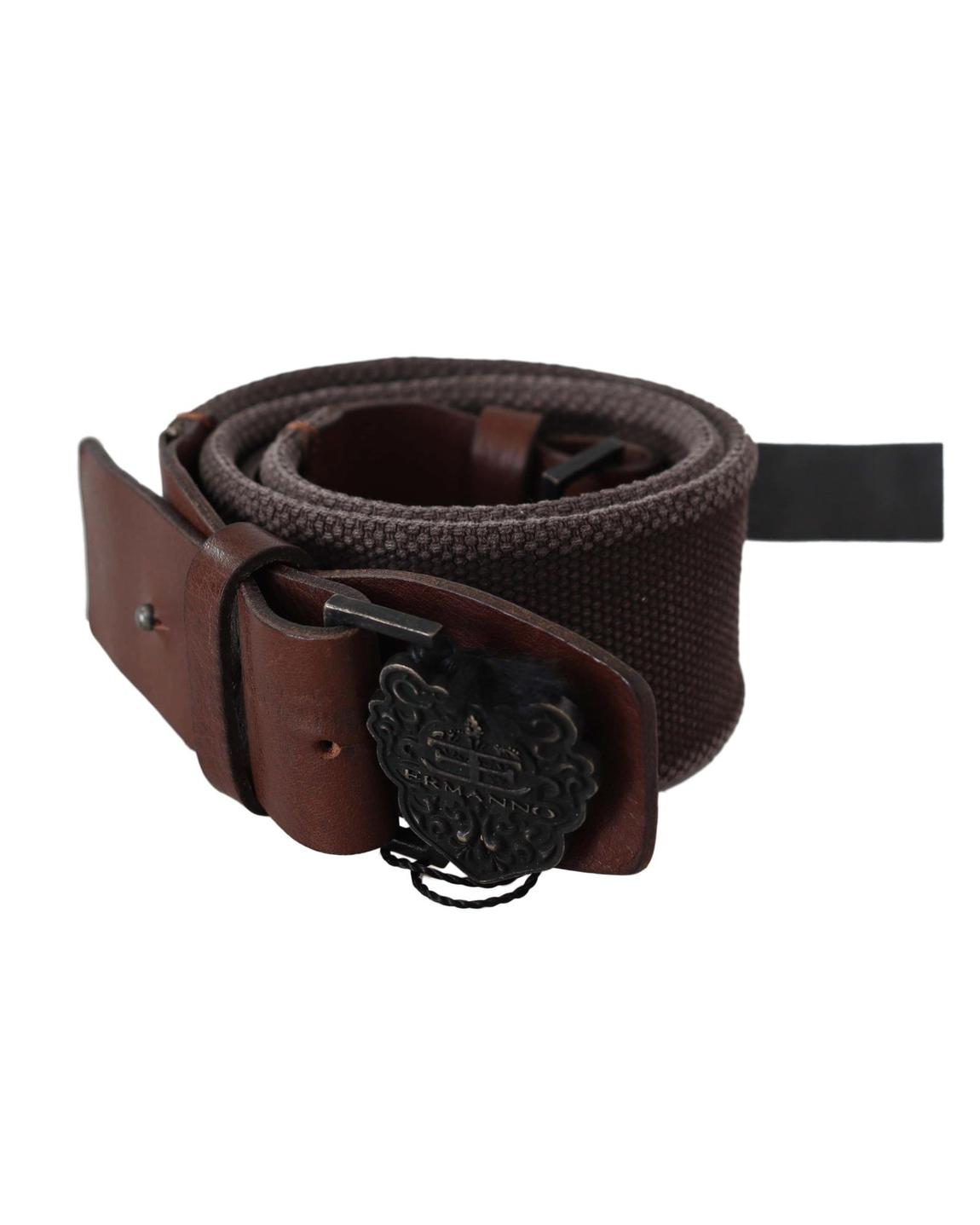 Men Leather Canvas Belt Ornate Buckle - Brown main product photo