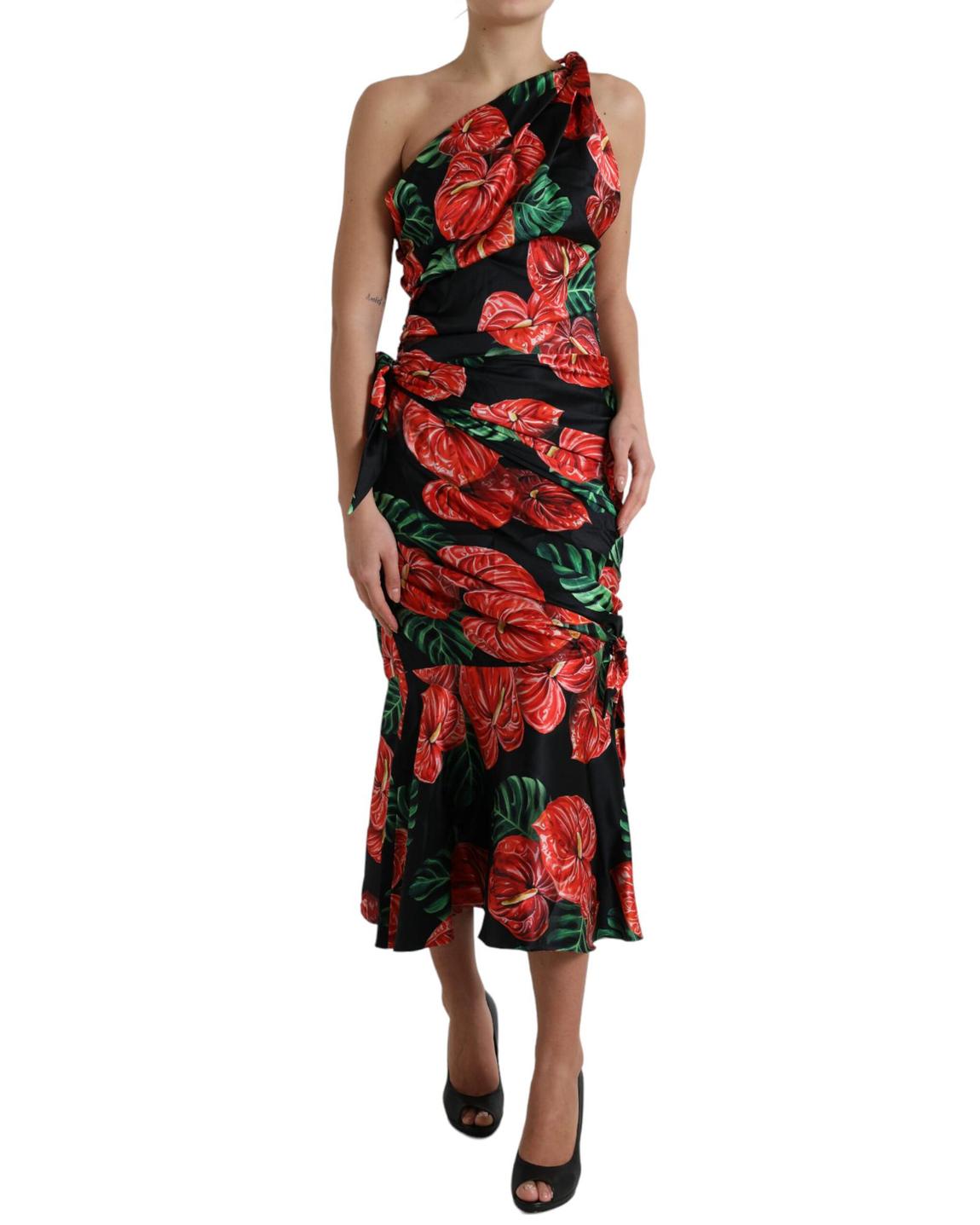 Floral Silk Midi Dress OneShoulder Style - Black Dresses main product photo