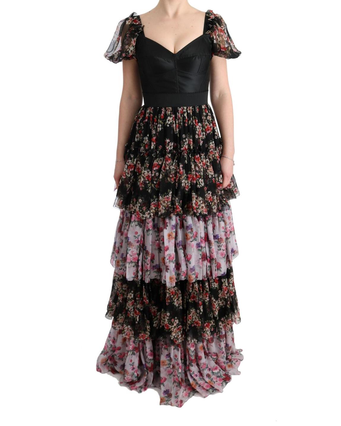 Floral Print Silk Dress Tiered Maxi Dress - Multicolor Dresses main product photo