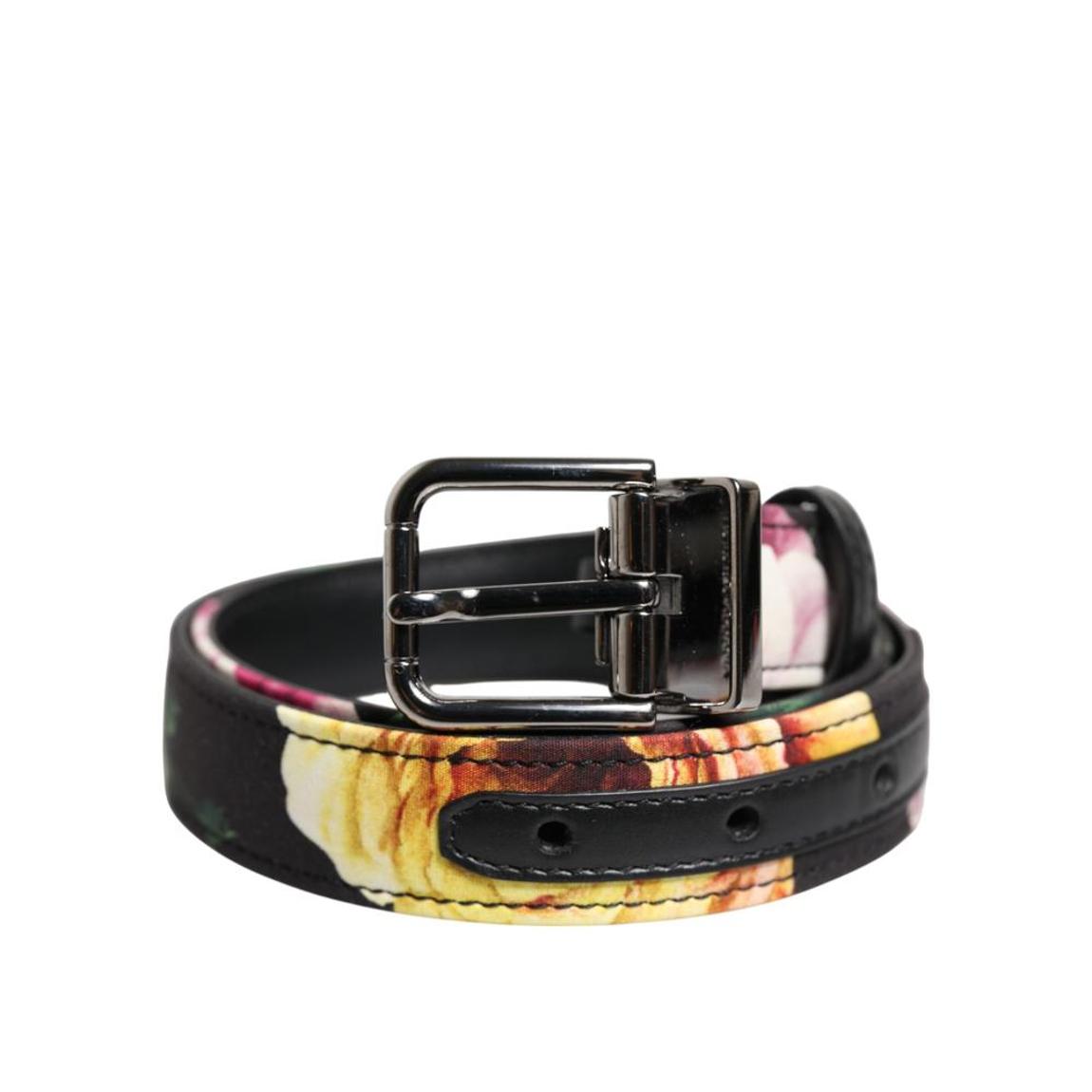 Floral Brocade Silver Metal Buckle Belt Wo - Black main product photo