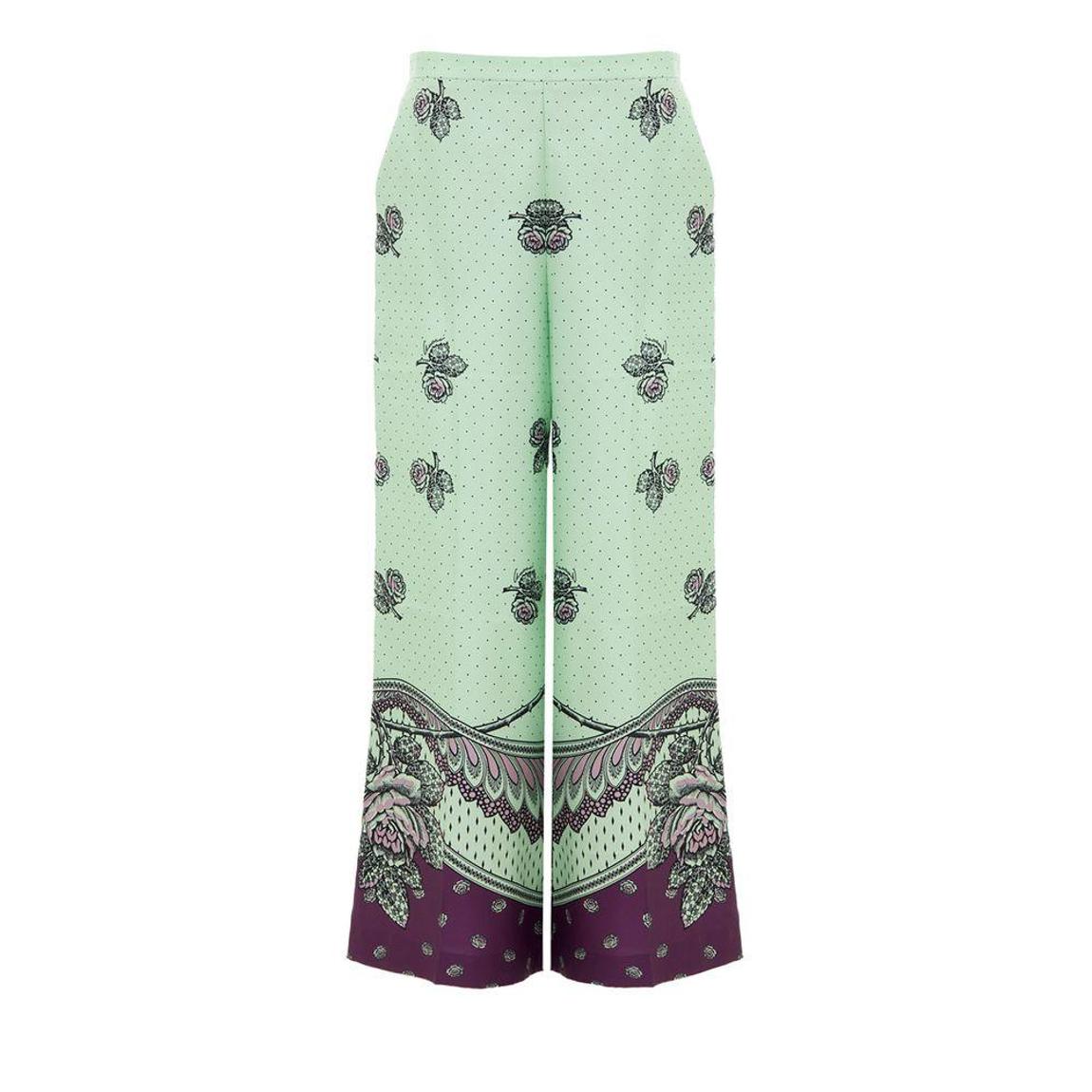 Silk Palazzo Pants with Polka Dots and Floral Print Wo - Green main product photo