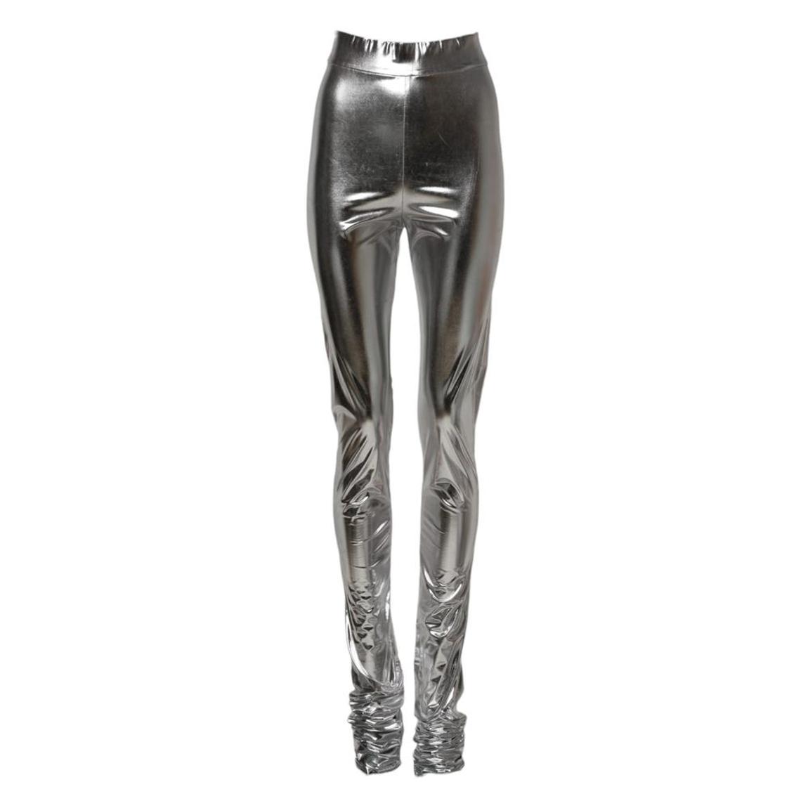 Metallic Polyester Slim Fit High Waist Leggings Pants Wo - Silver main product photo