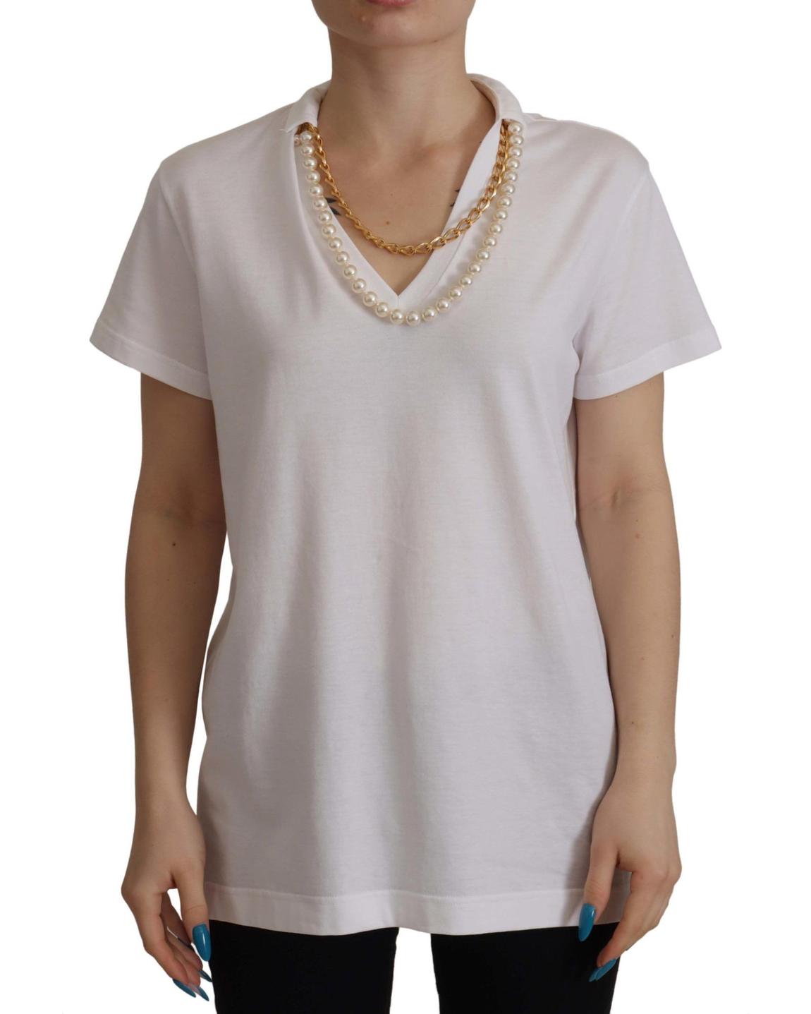 Pearl Chain Detail Polo Shirt - White Tops main product photo
