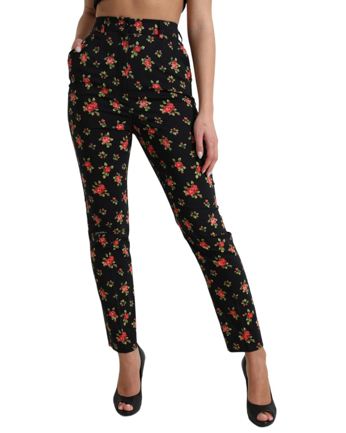 Rose Print Trousers High Waist Straight Leg Wo - Black Jeans main product photo