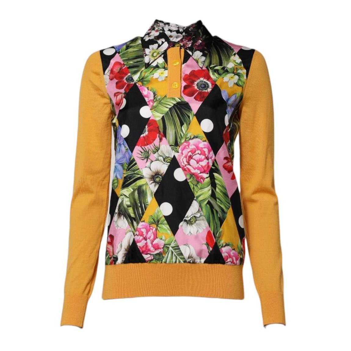 Floral Print Long Sleeves Polo Top with Silk Lining Wo - Multicolor main product photo