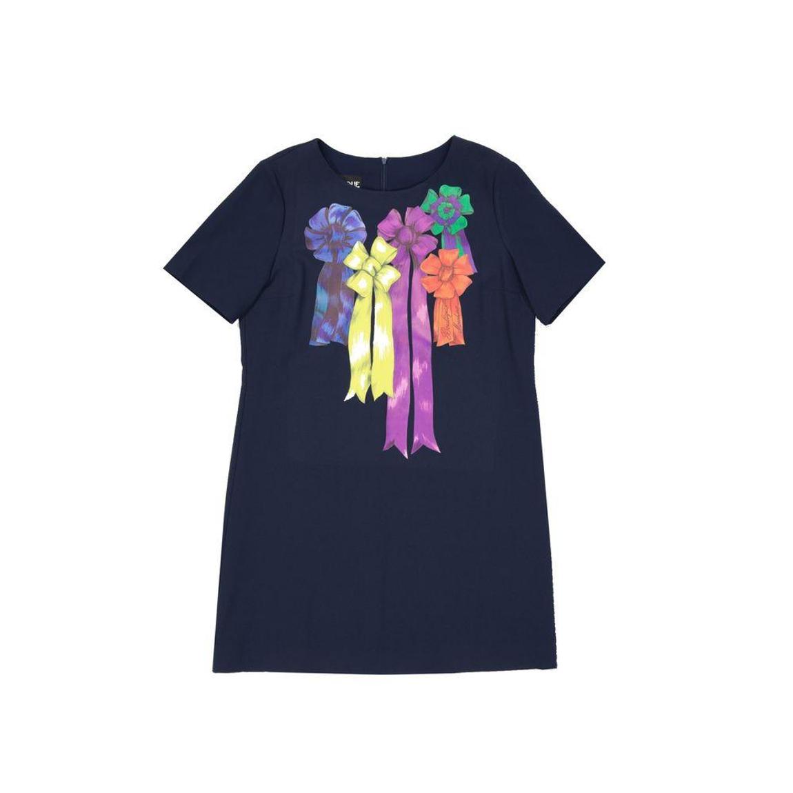 Printed Short Sleeve Dress with Back Zip and Front Detail Wo - Blue main product photo