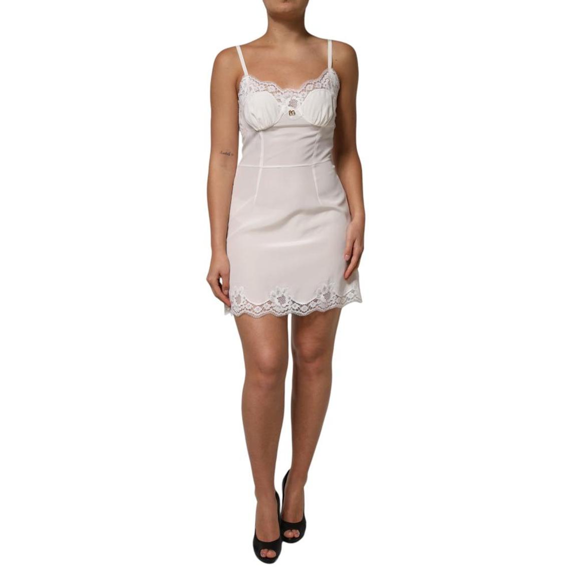 Lace Trim Silk Slip Dress with Logo Details Wo - White Dresses main product photo