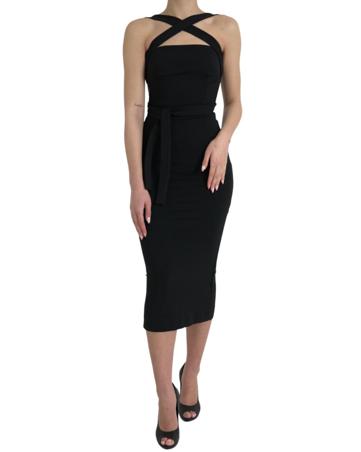 CrossNeck Bodycon Midi Dress - Black Dresses main product photo