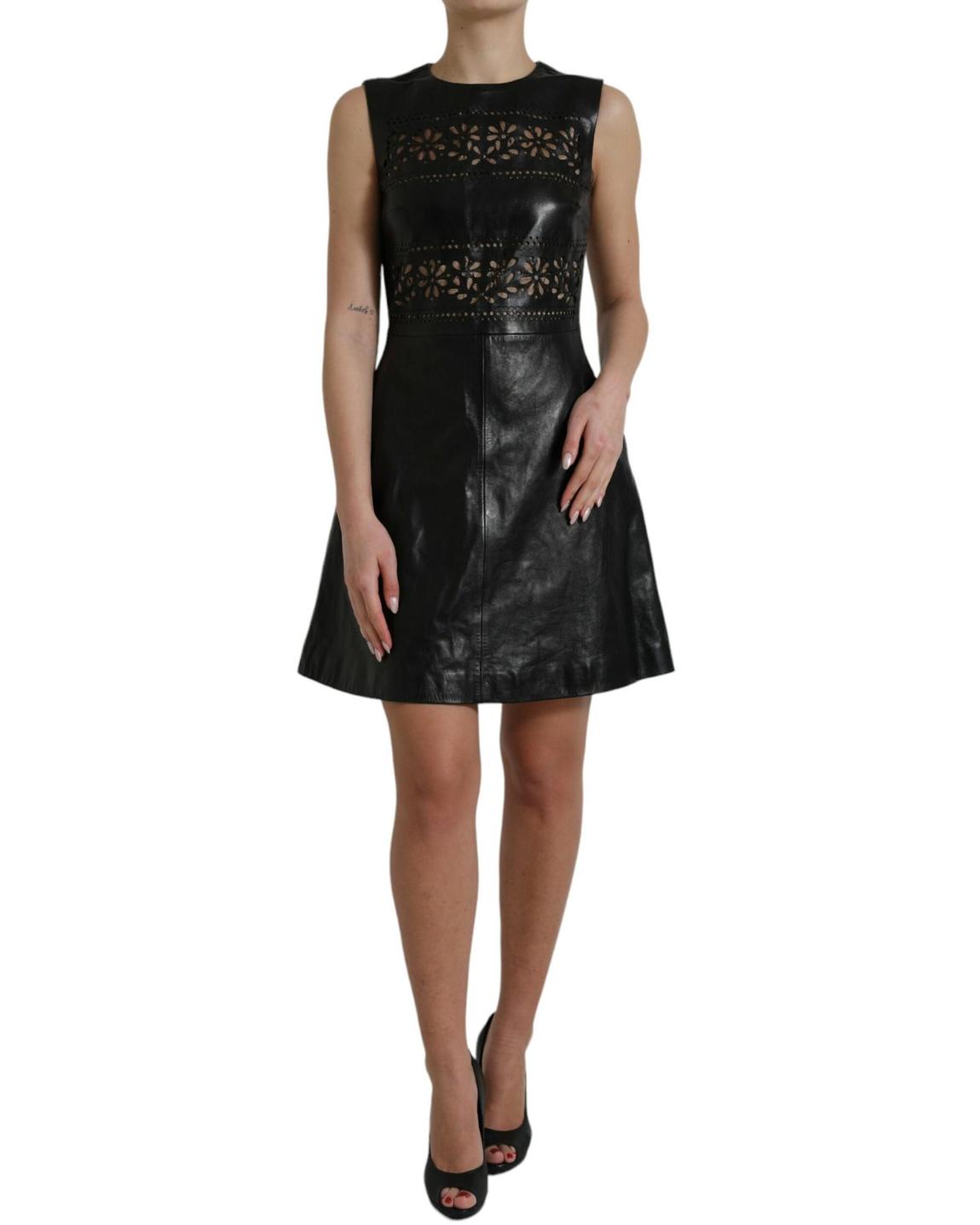 Leather Mini Dress Floral Cutout - Black Dresses main product photo