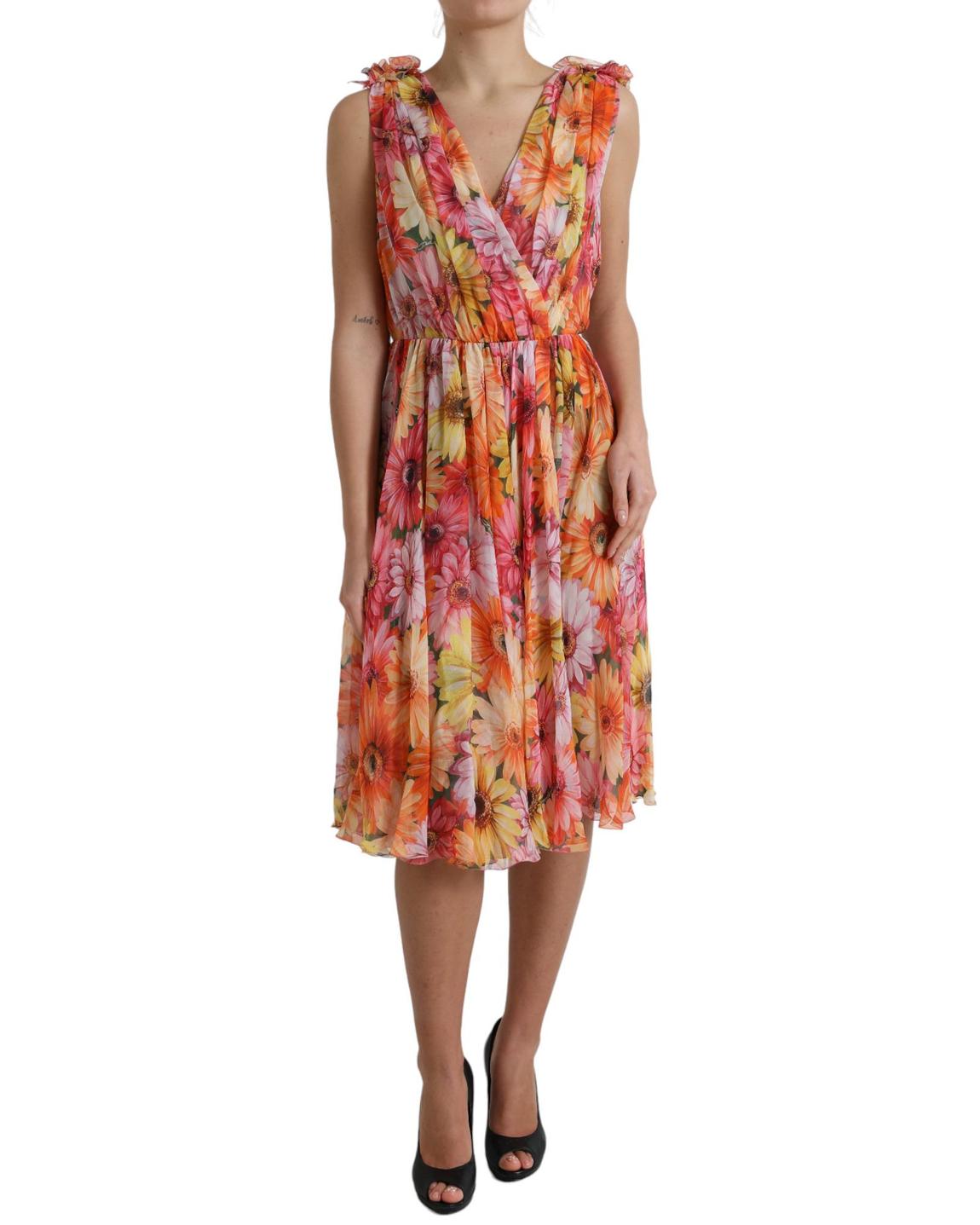 Floral Print Silk Dress ALine Midi Wo - Multicolor Dresses main product photo