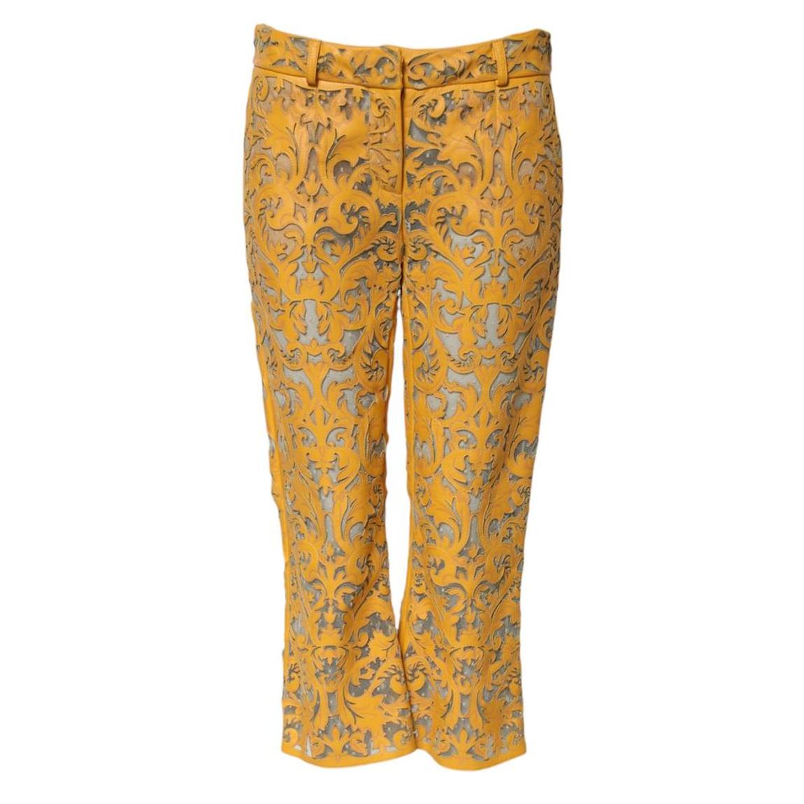 Floral Lace Mid Waist Capri Pants in Leather Wo - Yellow Jeans main product photo