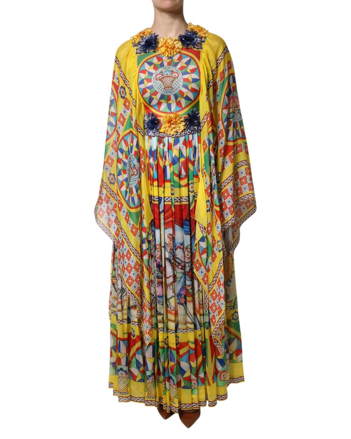 Printed Maxi Dress with Floral Embellishments - Multicolor main product photo