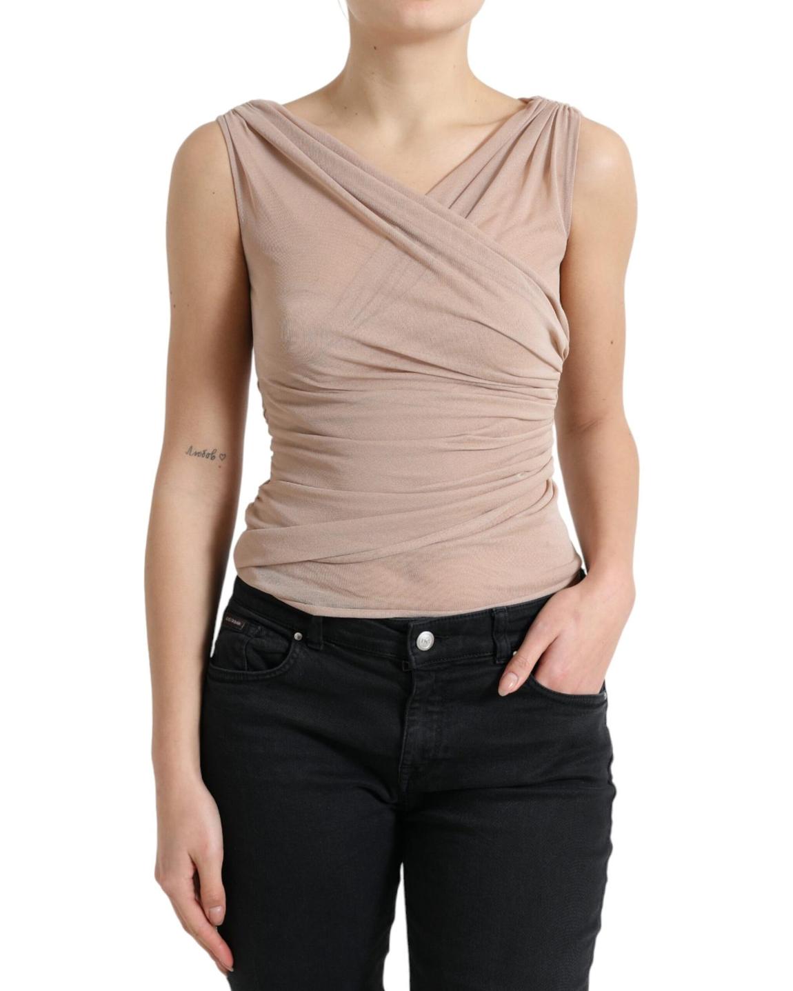 Draped Cowl Neck Sleeveless Top Wo - Beige Tops main product photo