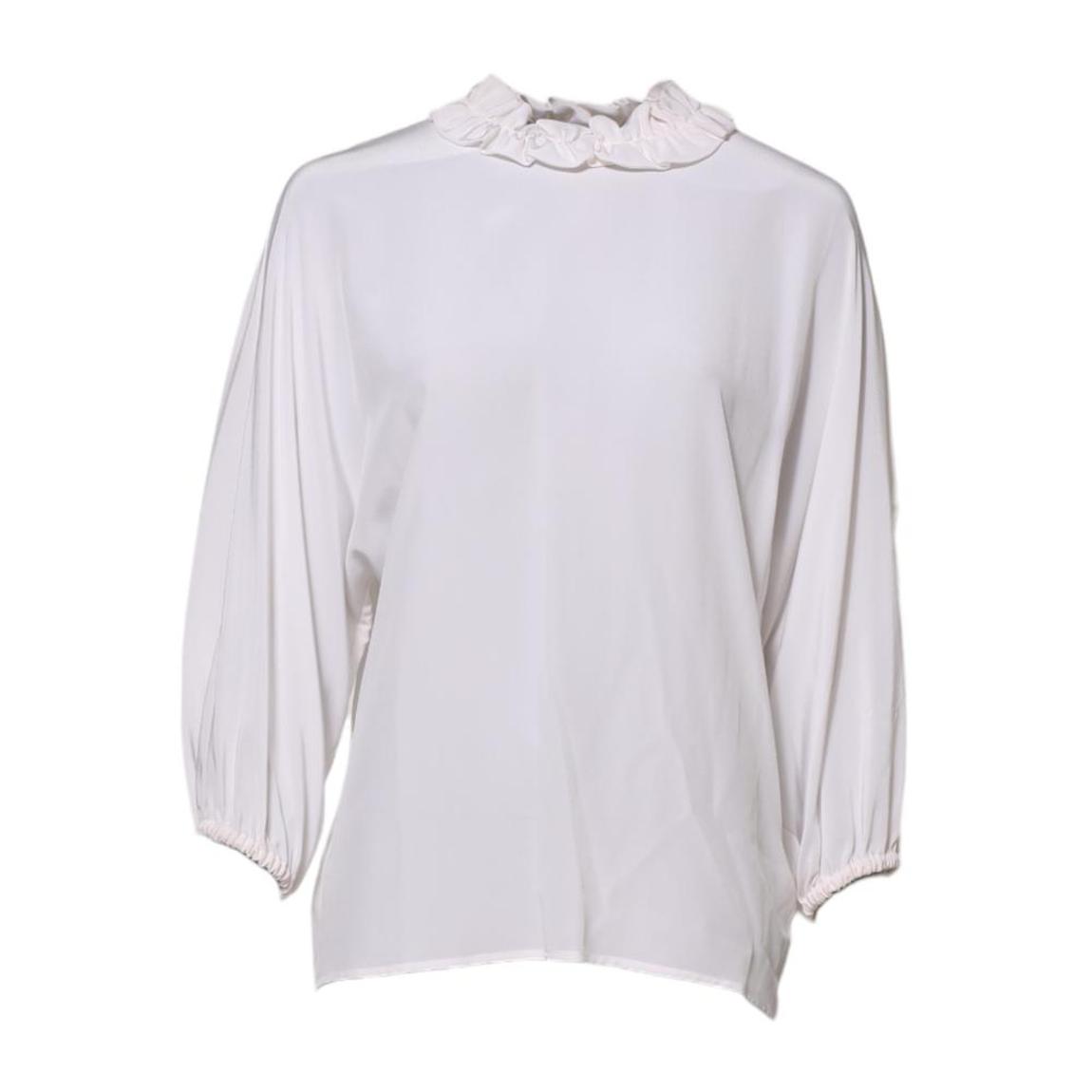 Ruffled Neckline Silk Blouse Pullover Top - White Tops main product photo