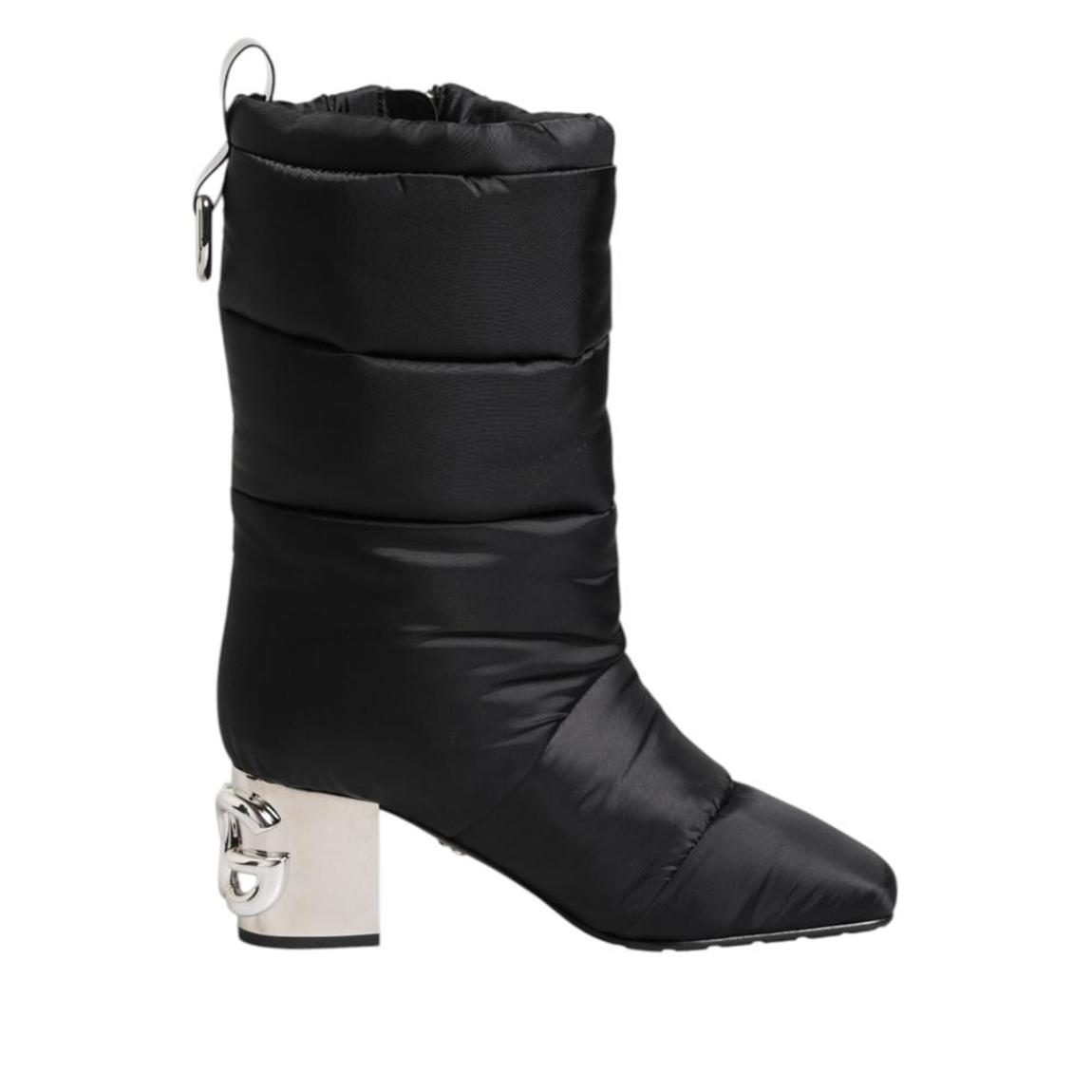 Padded Mid Calf Logo Heel Boots with Zipper Closure - Black main product photo