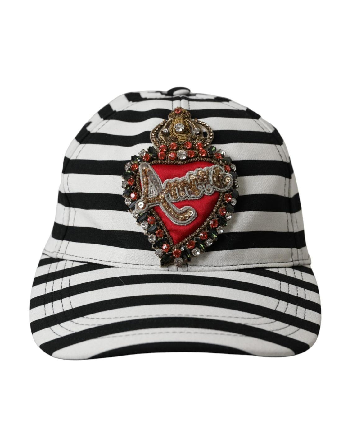Striped Baseball Cap with Embellished Heart Wo - Black And White main product photo
