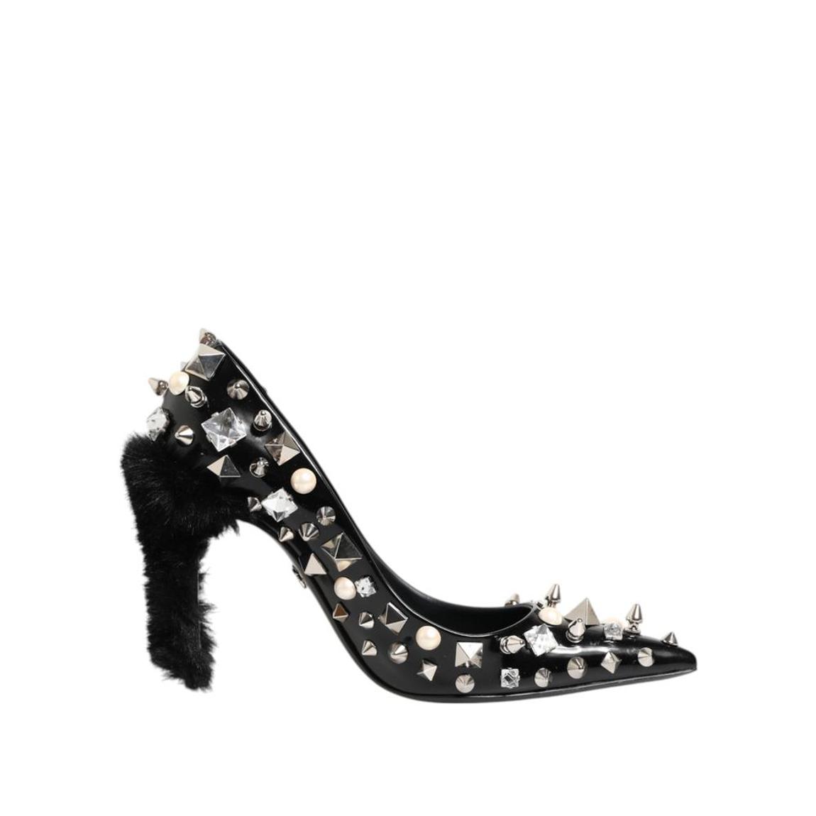Crystals Studded Stiletto Leather Pumps - Black main product photo