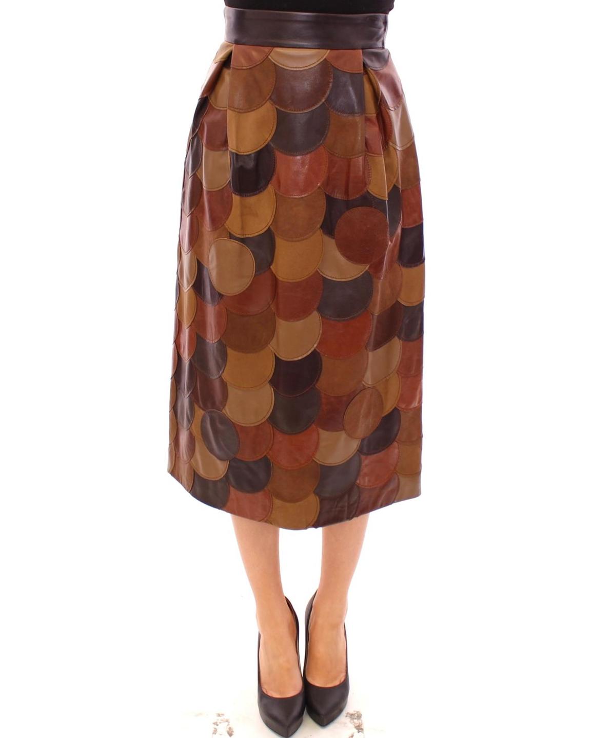 Leather Patchwork Midi Skirt - Brown main product photo