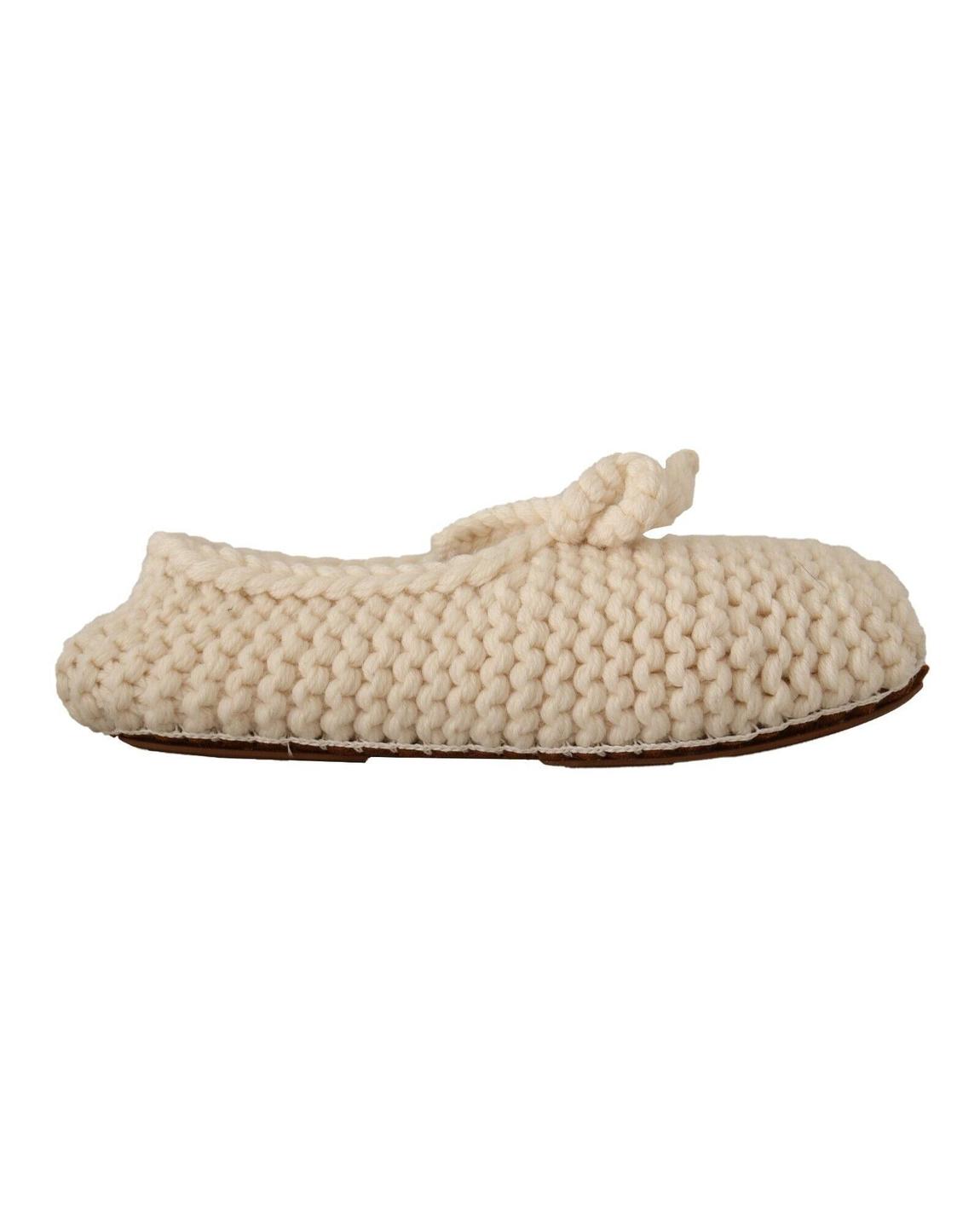 Knitted Wool Slippers Bow Detail - White Flat Shoes main product photo