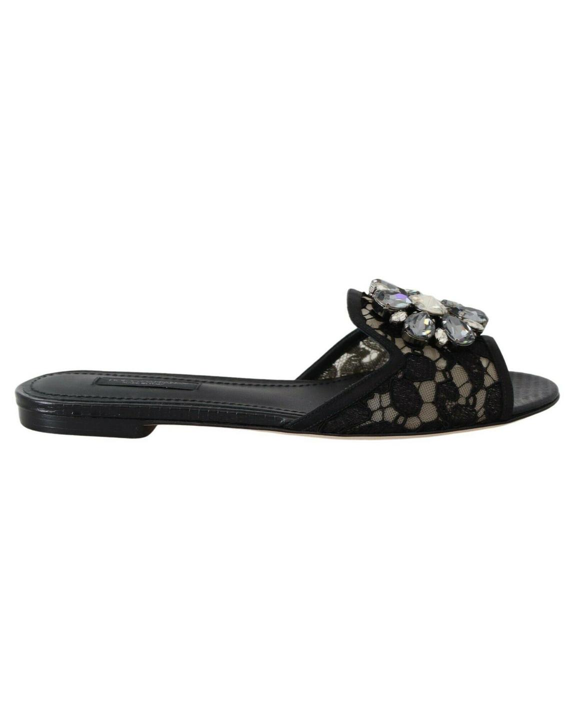 Lace Slide Sandals Embellished Style - Black Flat Shoes main product photo