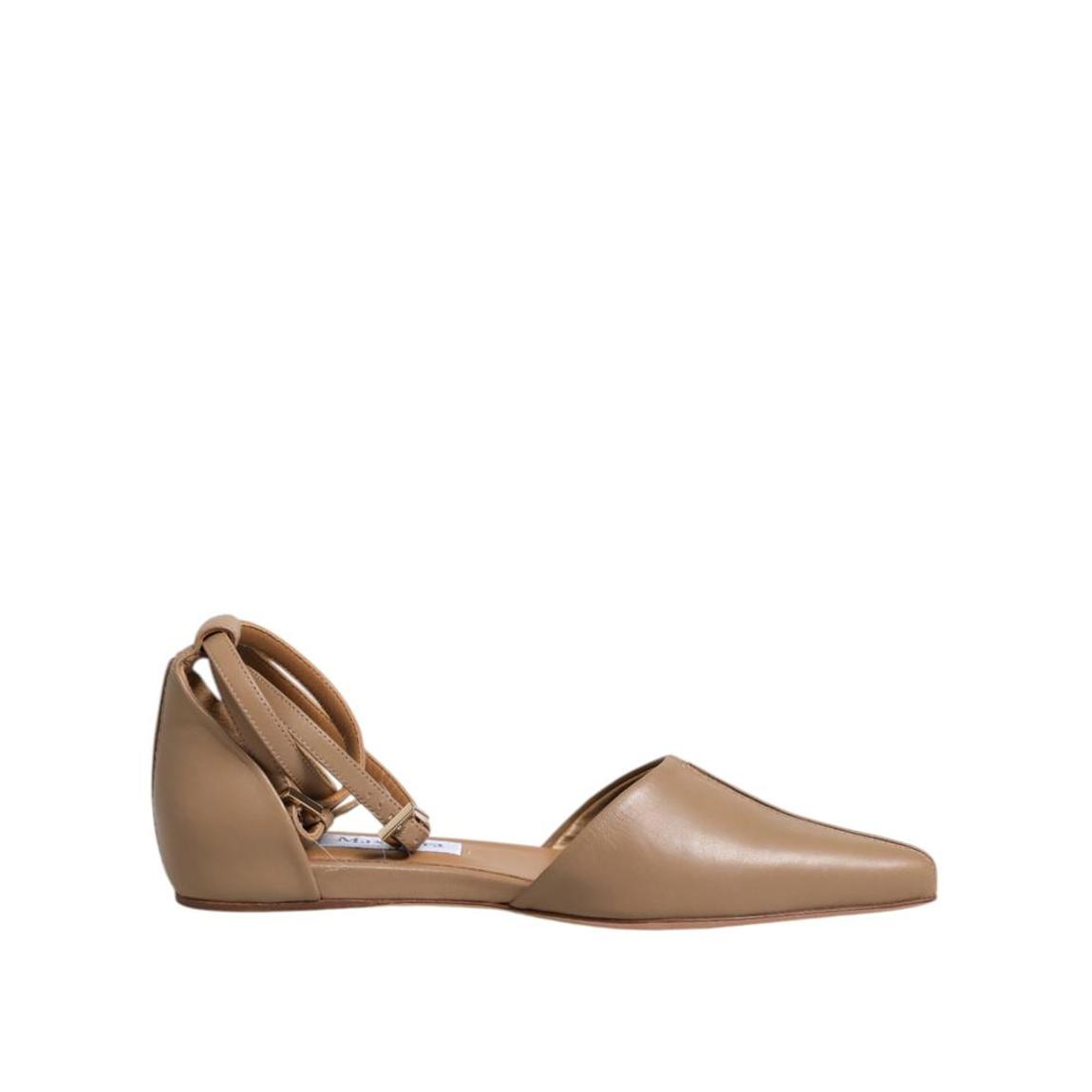 Leather Pointed Toe Ballet Flat Sandals with Ankle Strap - Beige main product photo