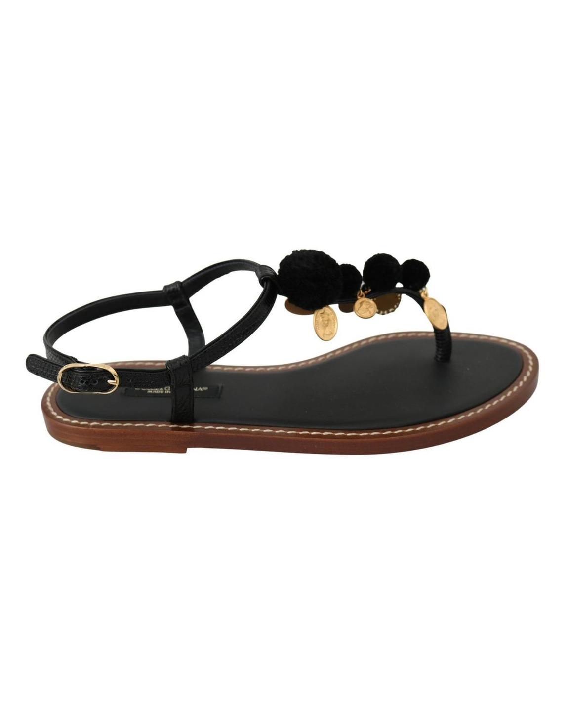 Dolce Gabbana PomPom Sandals - Black Flat Shoes main product photo