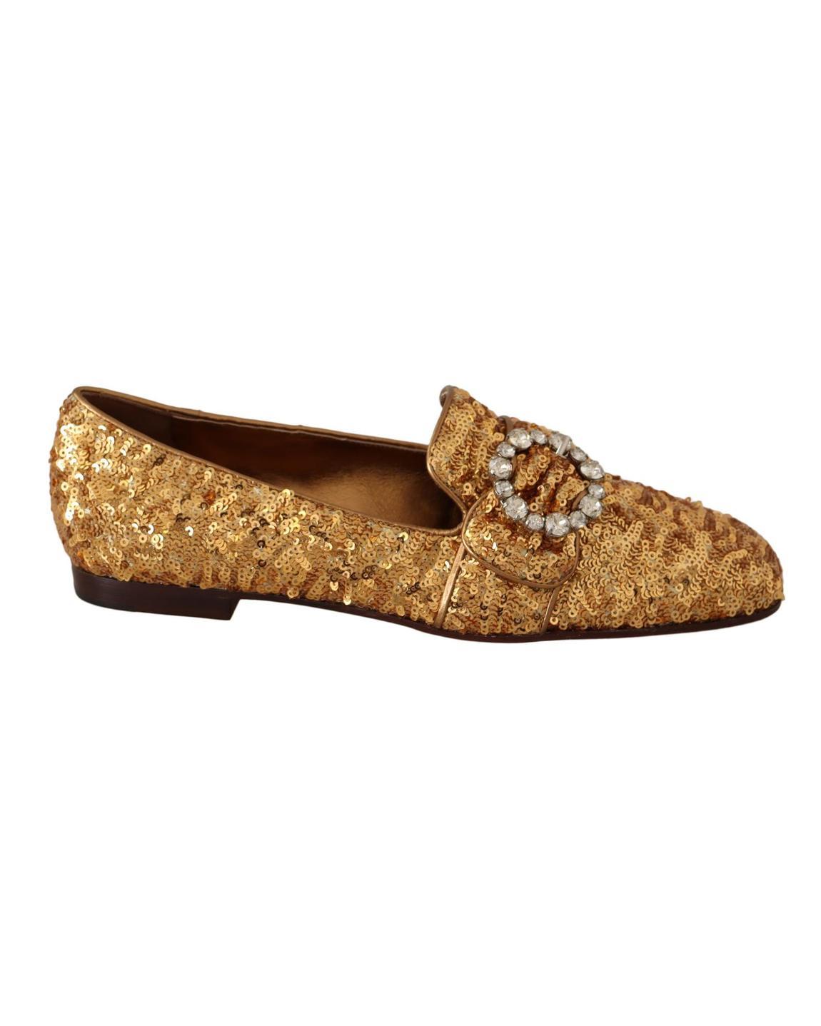 Sequin Loafer Crystal Detail - Gold Flat Shoes main product photo