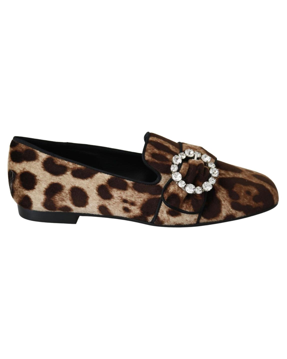 Leopard Print Loafers Crystal Buckle - Brown Flat Shoes main product photo