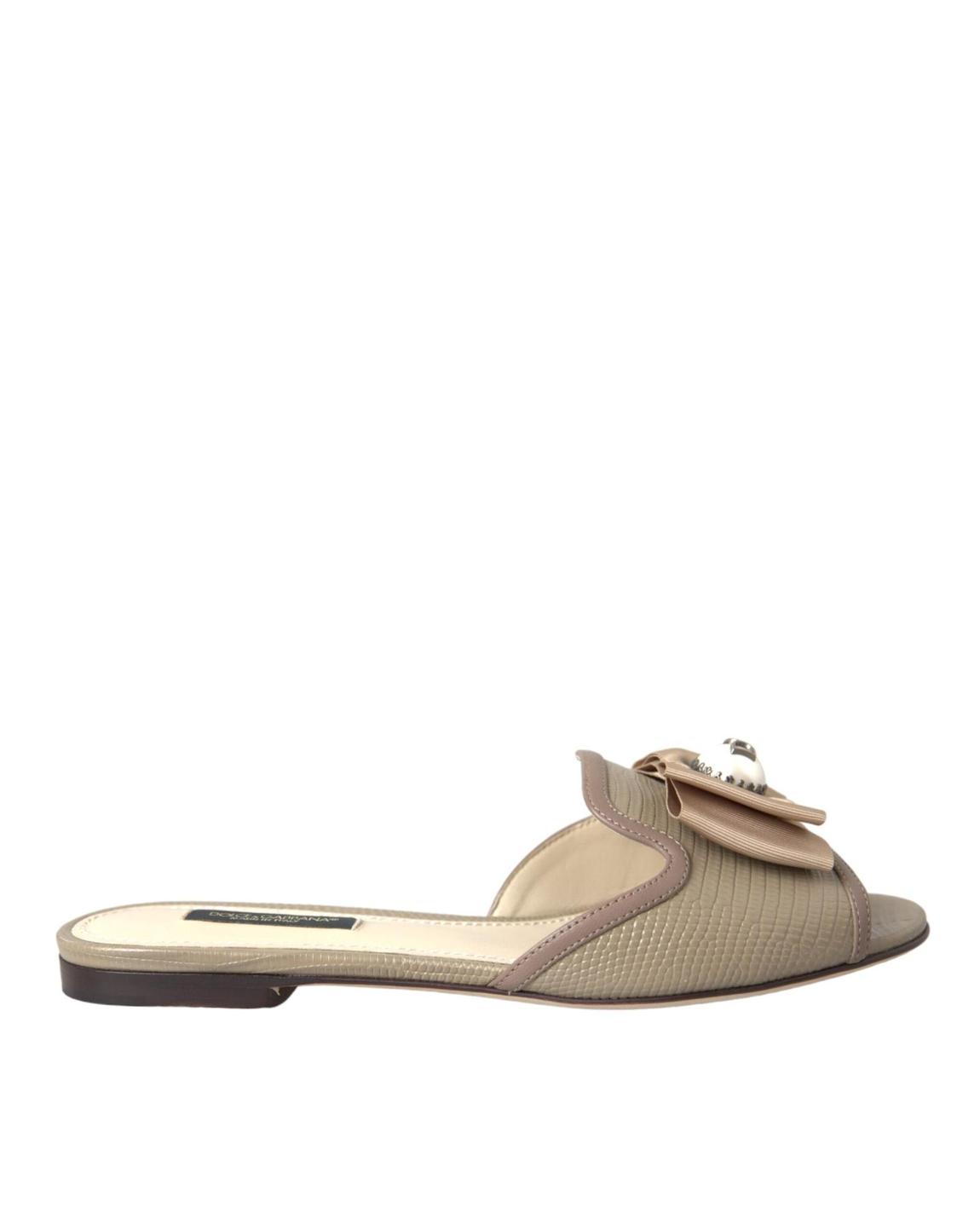 Bowembellished Leather Slides - Beige Flat Shoes main product photo