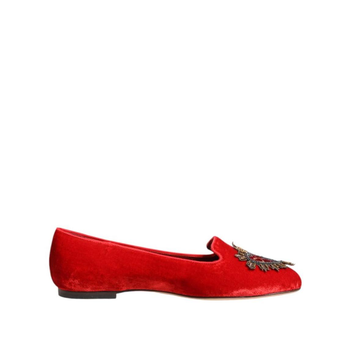 Velvet Heart Applique Loafers with Leather Sole - Red Flat Shoes main product photo