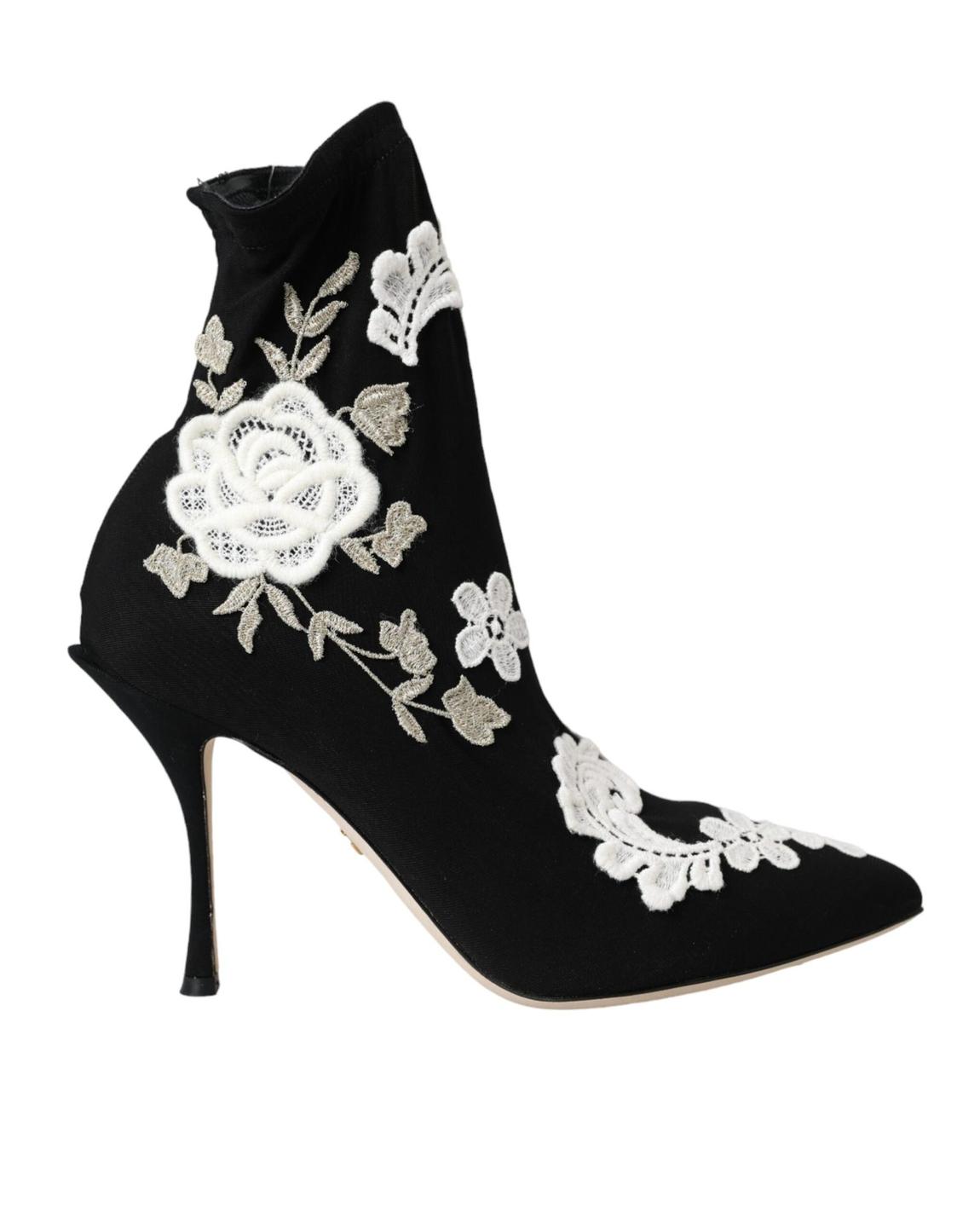 Floral Embroidered Ankle Boots - Black And White main product photo