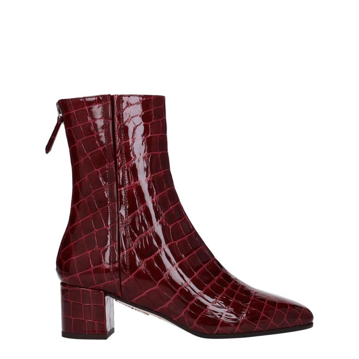 Leather Ankle Boots with Zip Closure and Mid Heels Wo - Red main product photo