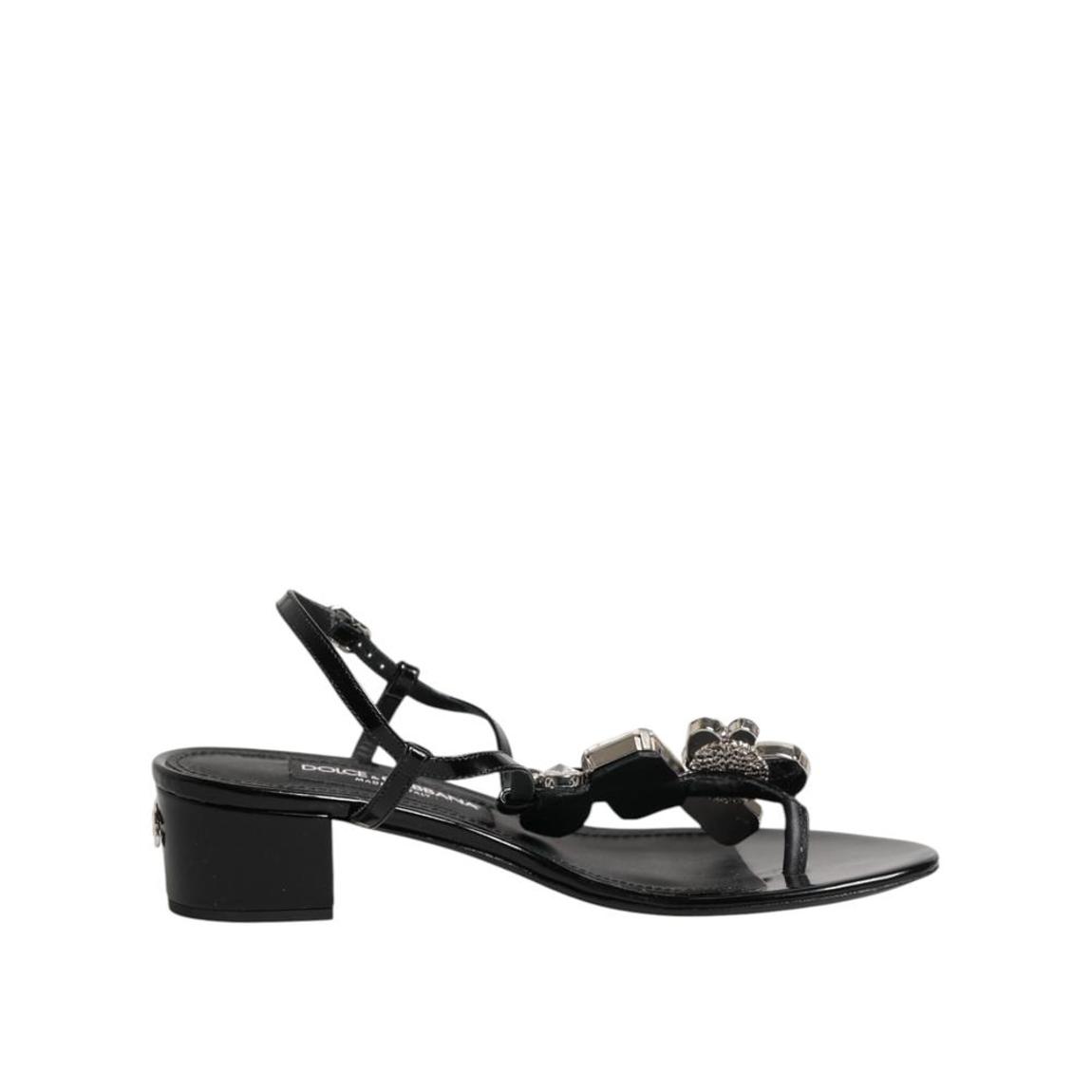 Leather Crystal Ankle Strap Sandals with Embellishments - Black main product photo