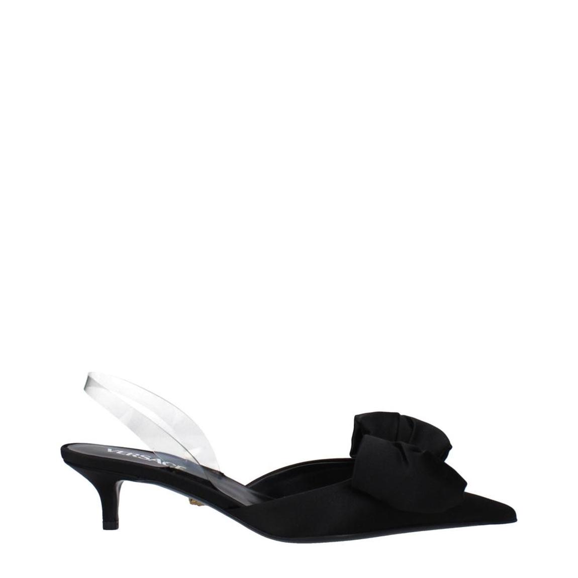 Satin Pointy Toe Mid Heel Sandals with Front Detail - Black main product photo