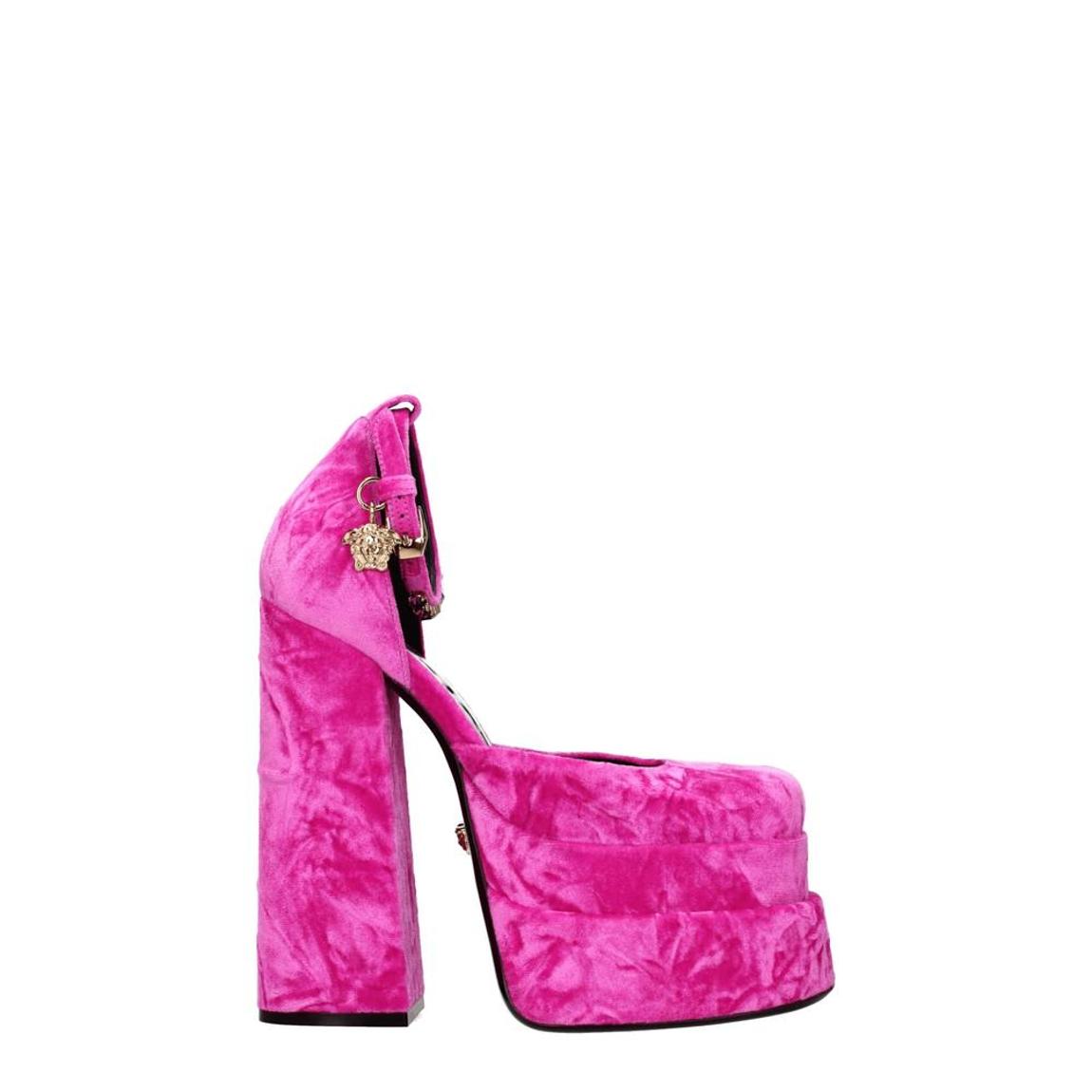 Velvet High Heel Sandals with Rhinestone Detail - Pink main product photo