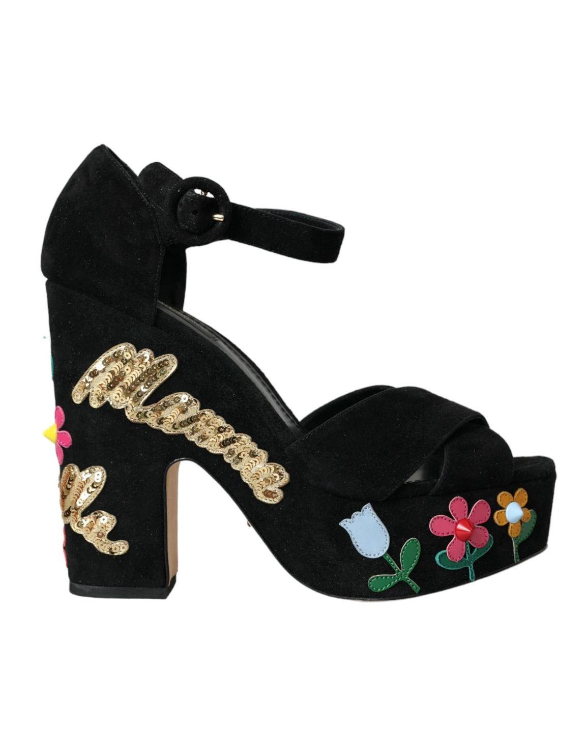 Floral Appliqu Platform Sandals Wo - Black main product photo