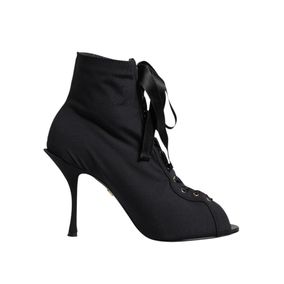 Lace Up Stiletto Heel Ankle Boots with Leather Sole - Black main product photo