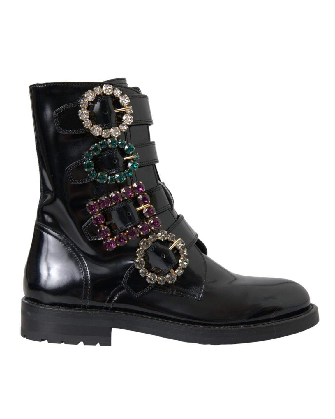 Patent Leather Buckle Boots Crystal Embellished Wo - Black main product photo