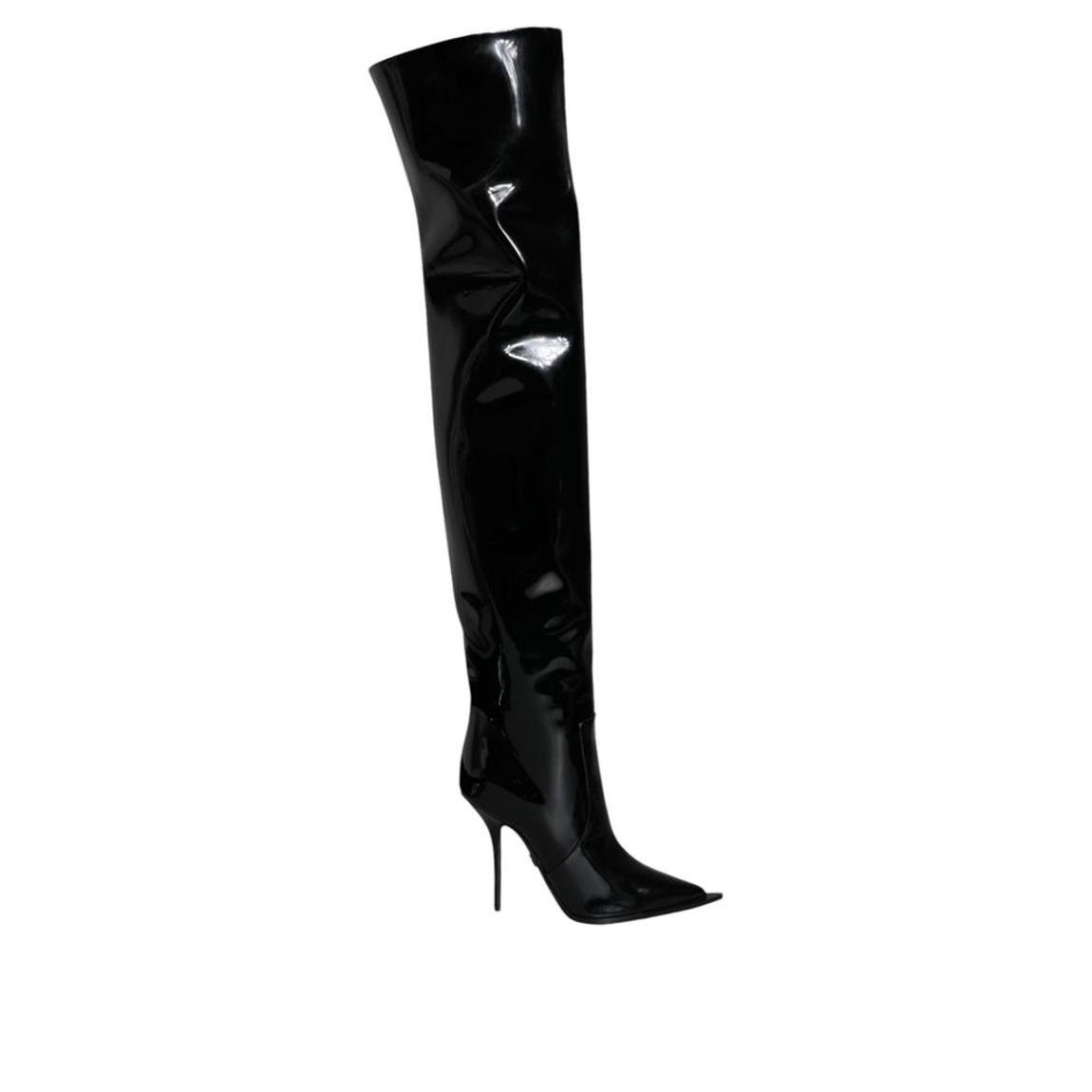 Patent Leather Knee High Boots with Logo Details - Black main product photo