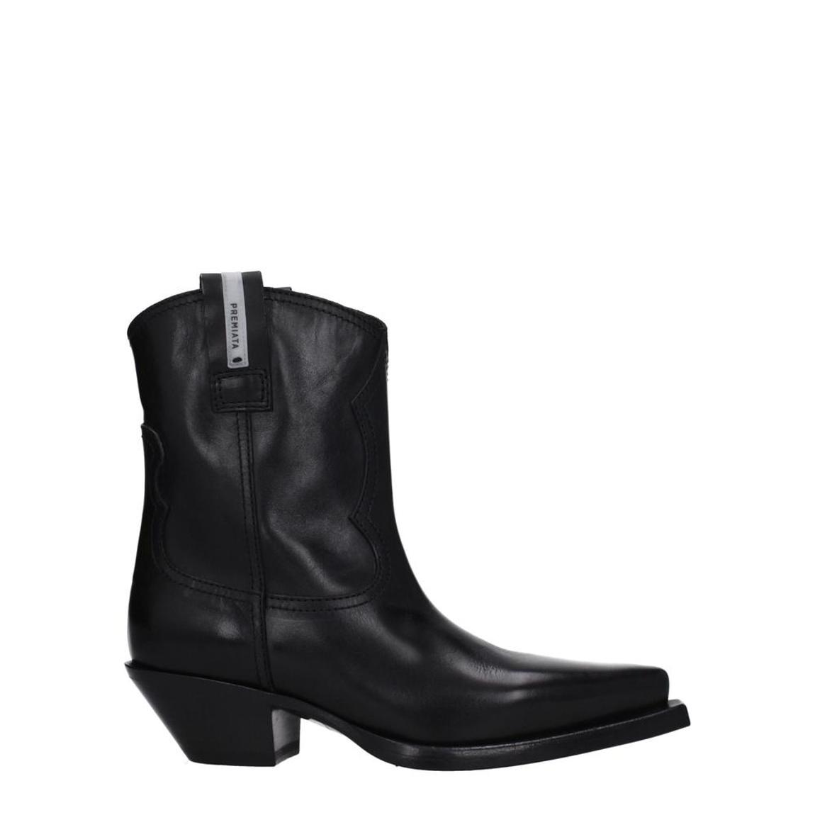 Leather Pointy Toe Ankle Boots with Mid Heels - Black main product photo