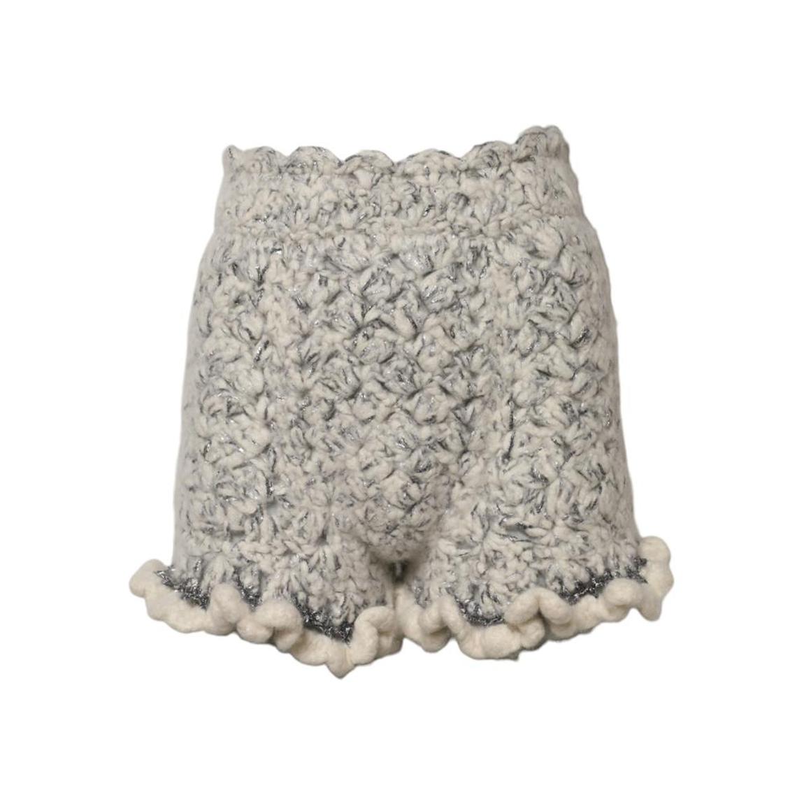 Metallic Boucle Knit Cashmere Ruffled High Waist Shorts - White main product photo