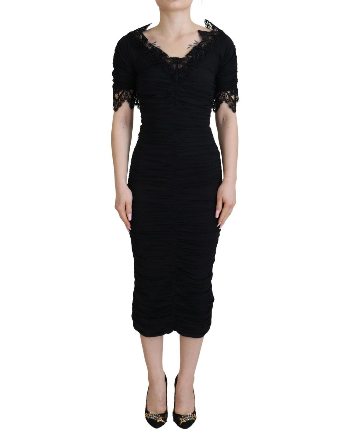 Ruched Midi Dress Short Sleeves - Black Dresses main product photo