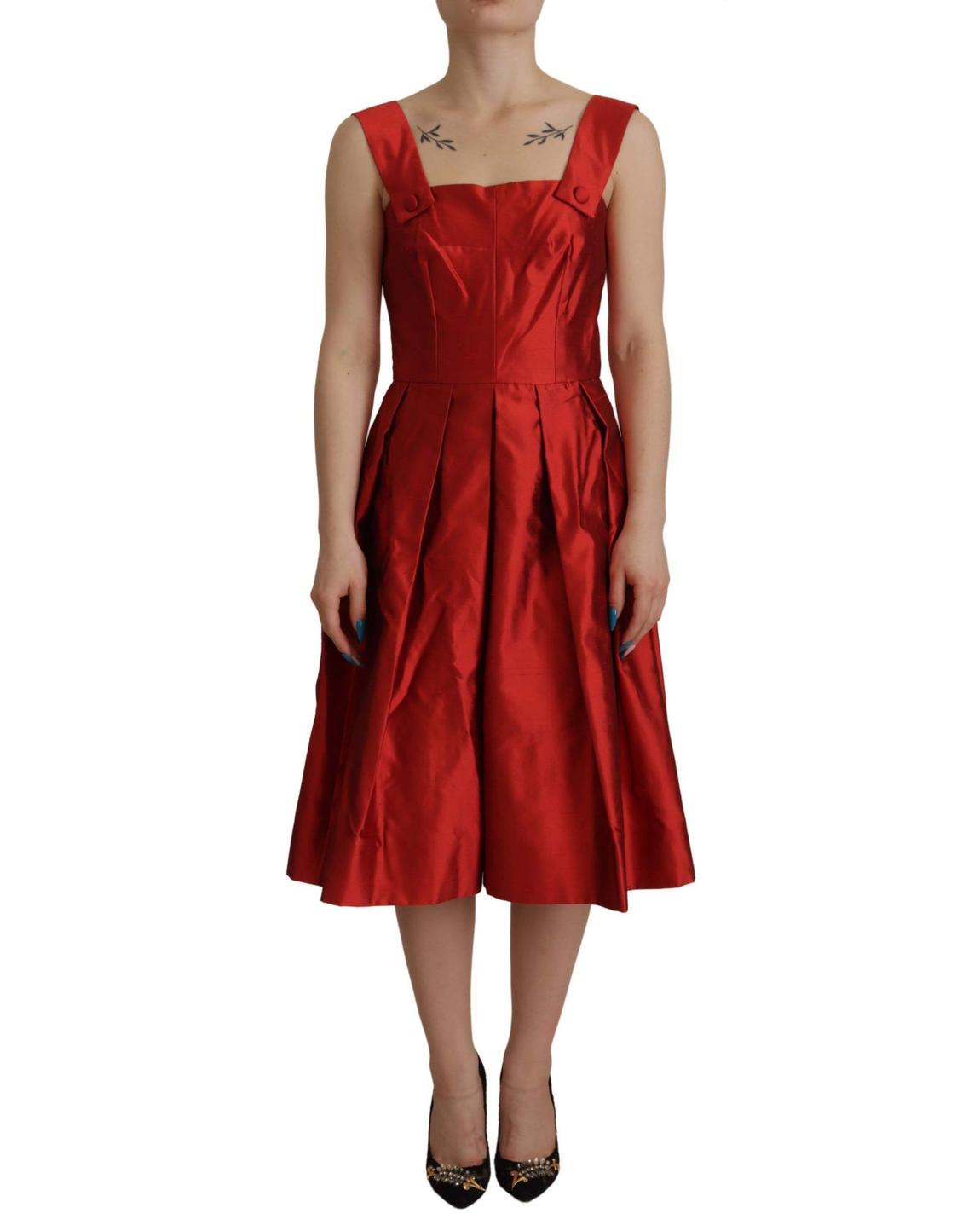 Red Silk Pleated Dress Sleeveless Square Neck Dresses main product photo